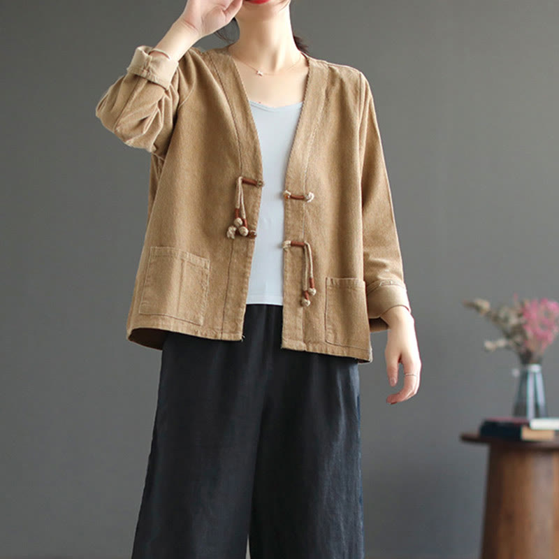 Chaqueta de pana de manga larga de algodón con bolsillos para mujer de Buddha Stones - image 3