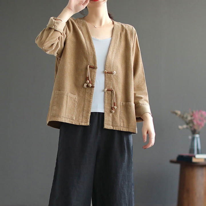 Chaqueta de pana de manga larga de algodón con bolsillos para mujer de Buddha Stones - image 3