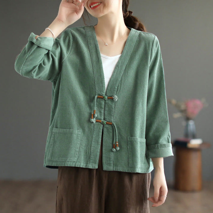 Chaqueta de pana de manga larga de algodón con bolsillos para mujer de Buddha Stones - image 10