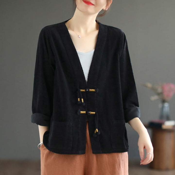 Chaqueta de pana de manga larga de algodón con bolsillos para mujer de Buddha Stones - image 16