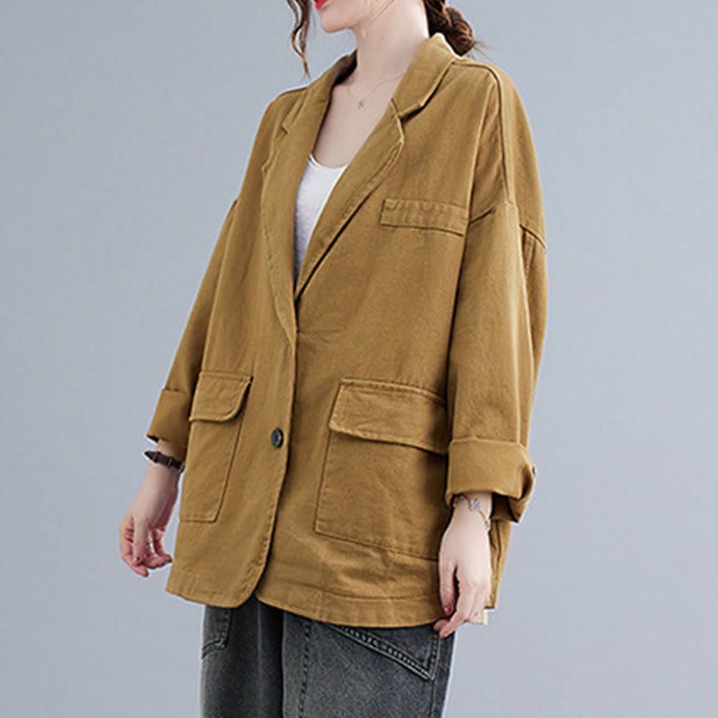 Chaqueta blazer de algodón de manga larga para mujer, color liso, con bolsillos y estampado Buddha Stones - image 1