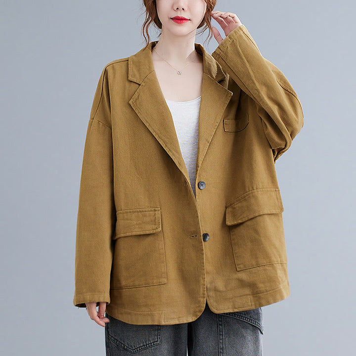 Chaqueta blazer de algodón de manga larga para mujer, color liso, con bolsillos y estampado Buddha Stones - Vara de oro - US14，UK/AU18，EU46 (2XL) - image 0
