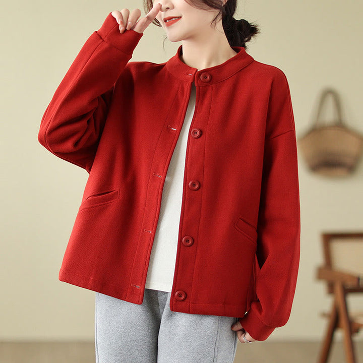 Chaqueta de algodón de manga larga para mujer con bolsillos y diseño de Buddha Stones en color liso - image 9