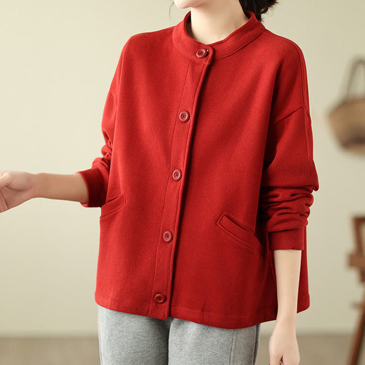 Chaqueta de algodón de manga larga para mujer con bolsillos y diseño de Buddha Stones en color liso - image 8