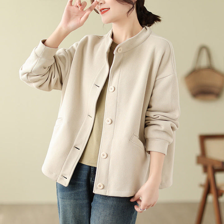 Chaqueta de algodón de manga larga para mujer con bolsillos y diseño de Buddha Stones en color liso - image 14