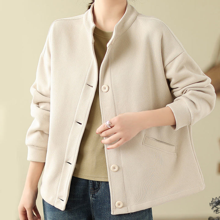 Chaqueta de algodón de manga larga para mujer con bolsillos y diseño de Buddha Stones en color liso - image 16