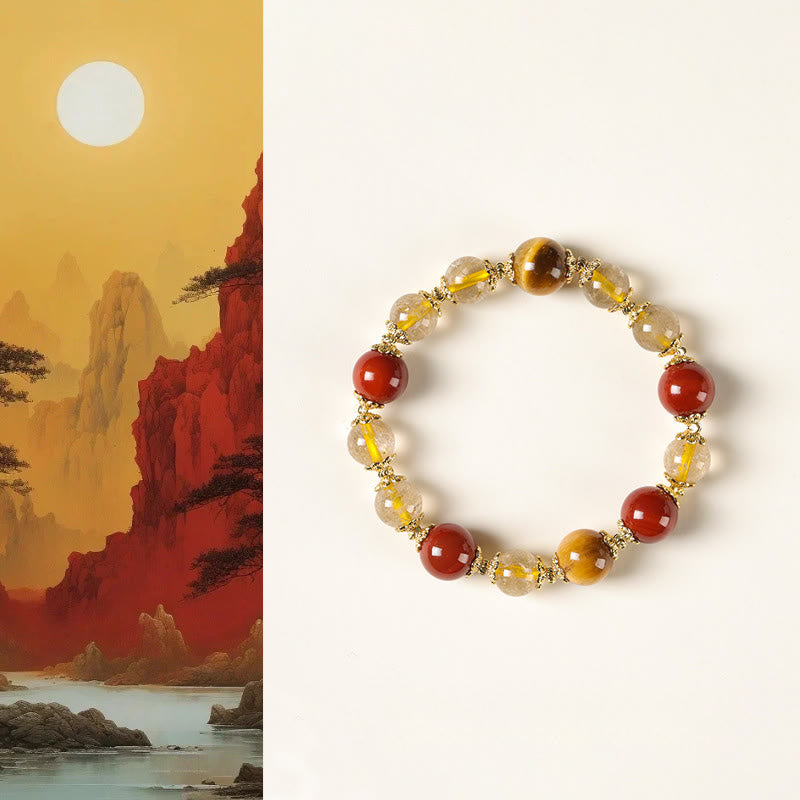 Pulsera de la riqueza con cuentas de ojo de tigre y cuarzo rutilado dorado natural de Buddha Stones - Cuarzo rutilado (circunferencia de la muñeca: 15-16 cm) - image 0
