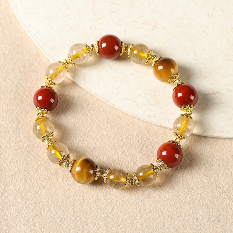Pulsera de la riqueza con cuentas de ojo de tigre y cuarzo rutilado dorado natural de Buddha Stones - image 1