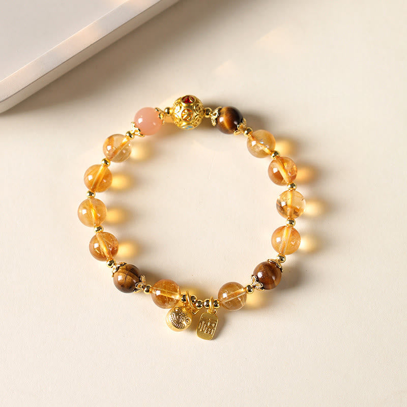 Pulsera de prosperidad con Buddha Stones, citrino natural, personaje Fu, bestia de la suerte - Citrino y ojo de tigre (circunferencia de la muñeca: 15-16 cm) - image 0