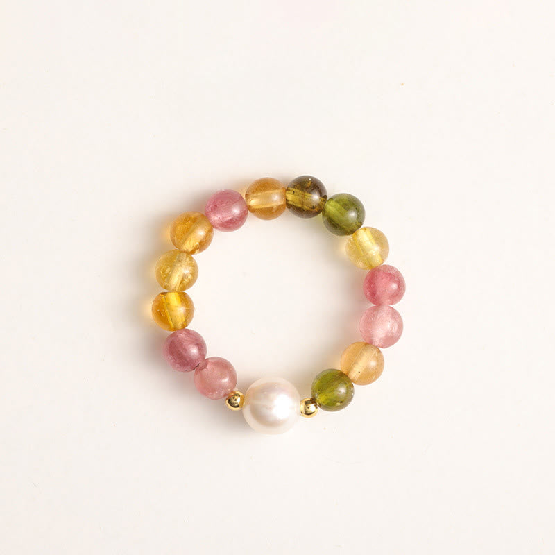 Anillo de amor positivo con turmalina natural, perla de la suerte, ámbar y pixiu de Buddha Stones - Turmalina y perla - image 0