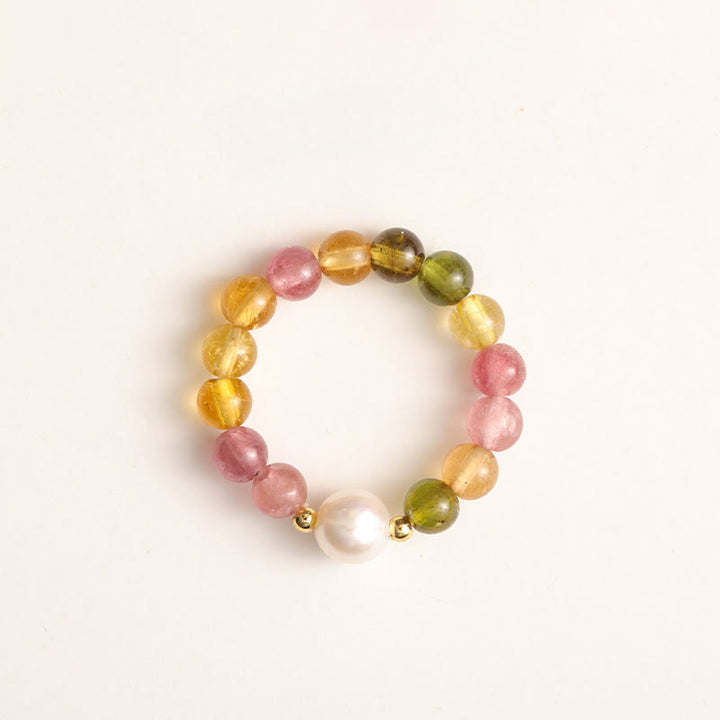 Anillo de amor positivo con turmalina natural, perla de la suerte, ámbar y pixiu de Buddha Stones - Turmalina y perla - image 0
