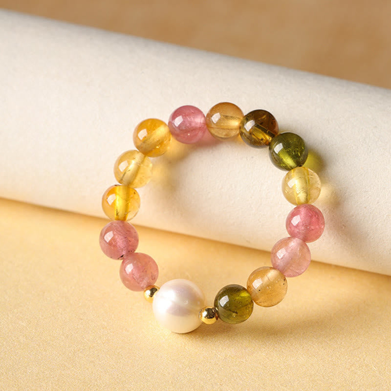 Anillo de amor positivo con turmalina natural, perla de la suerte, ámbar y pixiu de Buddha Stones - image 1