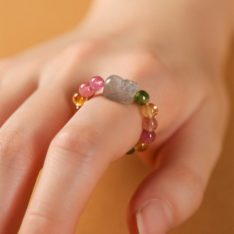 Anillo de amor positivo con turmalina natural, perla de la suerte, ámbar y pixiu de Buddha Stones - image 8
