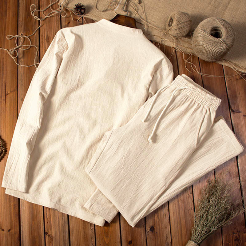 Conjunto de ropa para hombre con pantalones y camiseta de manga larga de algodón y lino de color puro con Buddha Stones - image 2