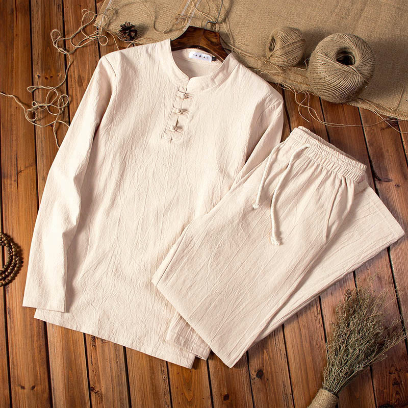 Conjunto de ropa para hombre con pantalones y camiseta de manga larga de algodón y lino de color puro con Buddha Stones - Mocasín - US/UK/AU44, UE54 (5XL) - image 1