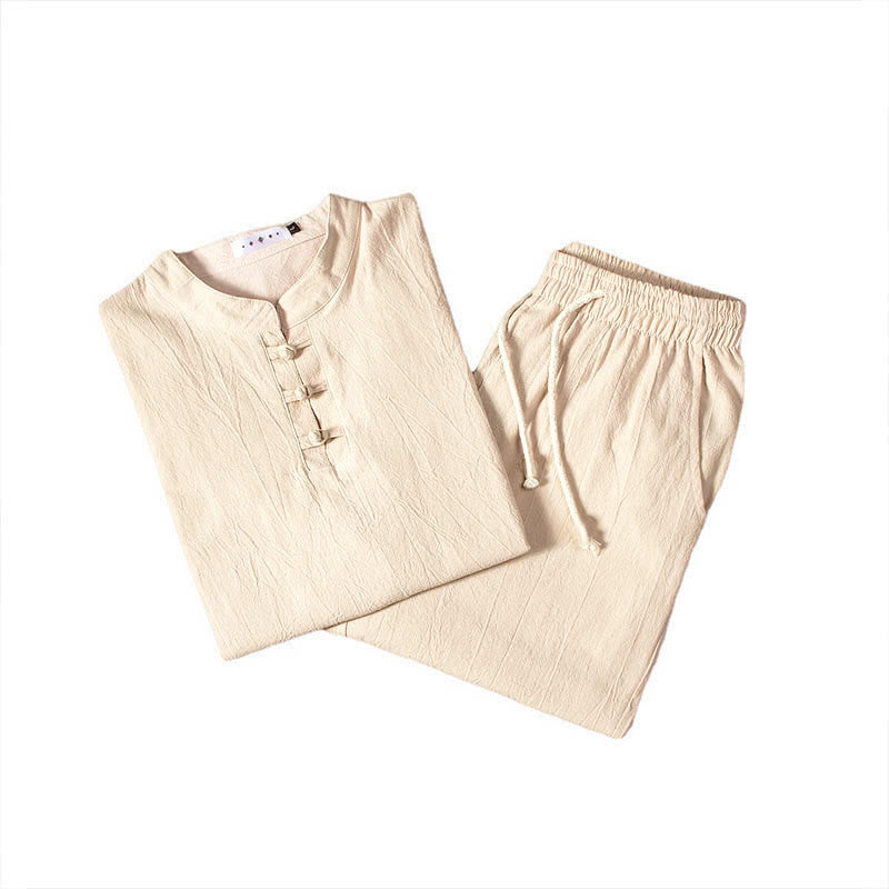 Conjunto de ropa para hombre con pantalones y camiseta de manga larga de algodón y lino de color puro con Buddha Stones - image 7