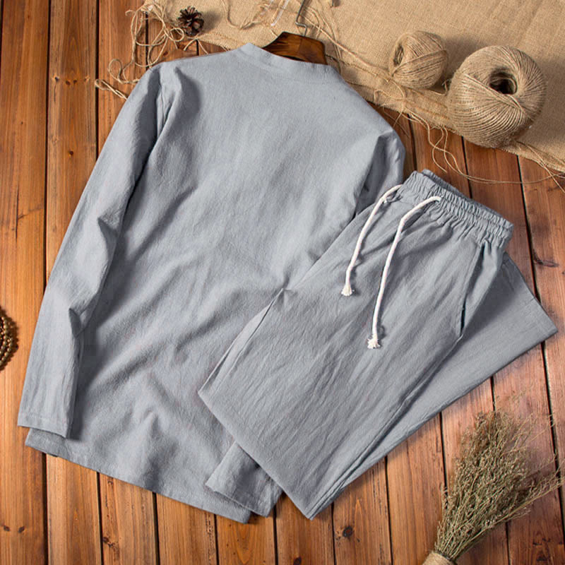 Conjunto de ropa para hombre con pantalones y camiseta de manga larga de algodón y lino de color puro con Buddha Stones - image 9