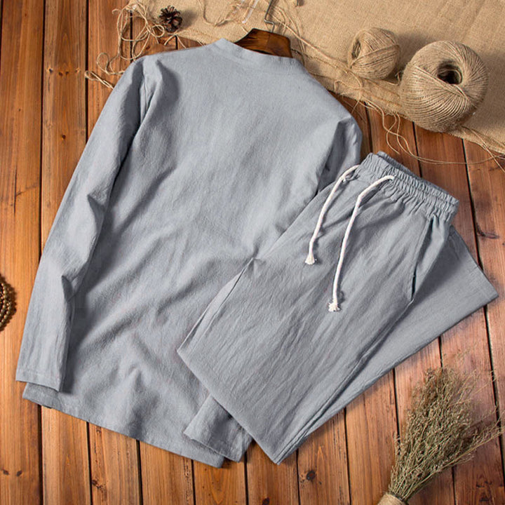 Conjunto de ropa para hombre con pantalones y camiseta de manga larga de algodón y lino de color puro con Buddha Stones - image 9