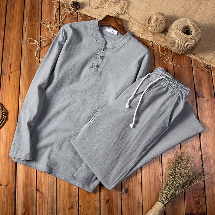 Conjunto de ropa para hombre con pantalones y camiseta de manga larga de algodón y lino de color puro con Buddha Stones - Gris oscuro - US/UK/AU44, UE54 (5XL) - image 8