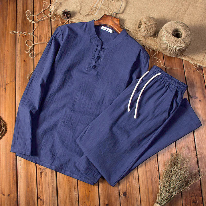 Conjunto de ropa para hombre con pantalones y camiseta de manga larga de algodón y lino de color puro con Buddha Stones - Azul medianoche - US/UK/AU44, UE54 (5XL) - image 12