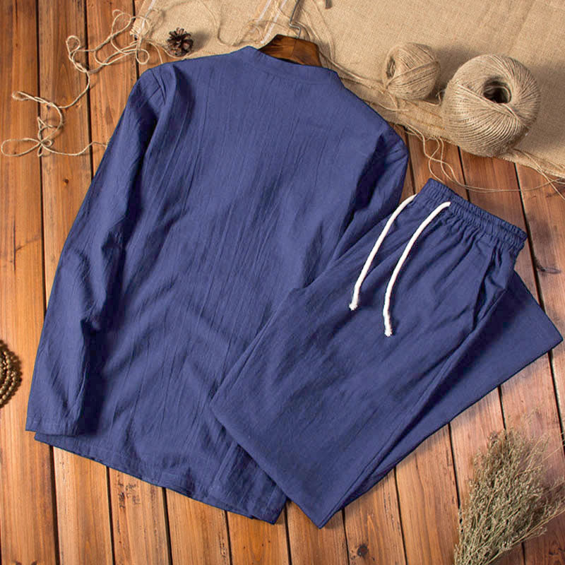 Conjunto de ropa para hombre con pantalones y camiseta de manga larga de algodón y lino de color puro con Buddha Stones - image 13