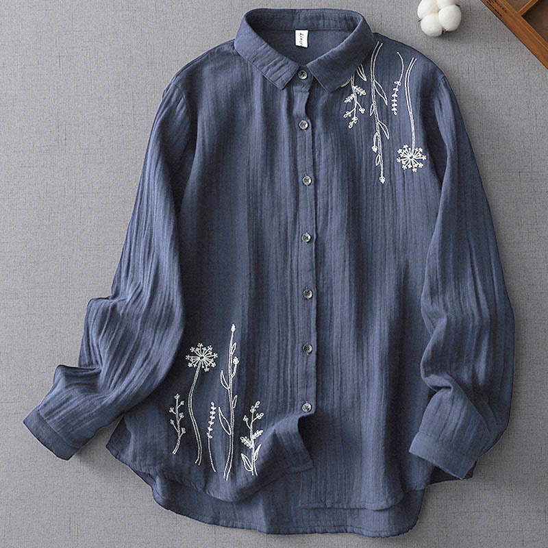 Camisa de algodón de manga larga para mujer con botones de flores de diente de león y Buddha Stones Fall - Azul acero - US14, UK/AU18, EU46 (3XL) - image 4