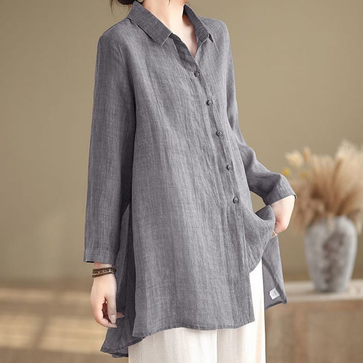 Camisa de algodón de manga larga para mujer con diseño irregular de Buddha Stones y botones - image 4