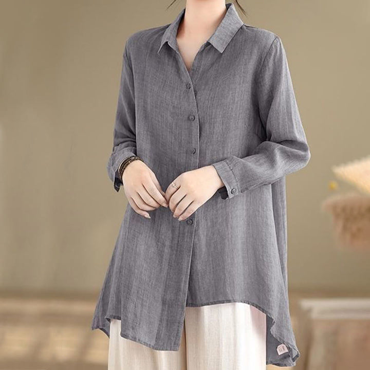 Camisa de algodón de manga larga para mujer con diseño irregular de Buddha Stones y botones - Gris - US12, UK/AU16, EU44 (3XL) - image 0