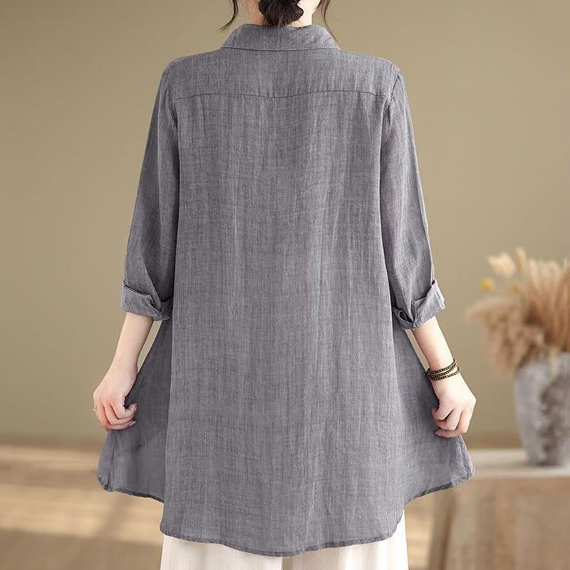 Camisa de algodón de manga larga para mujer con diseño irregular de Buddha Stones y botones - image 3