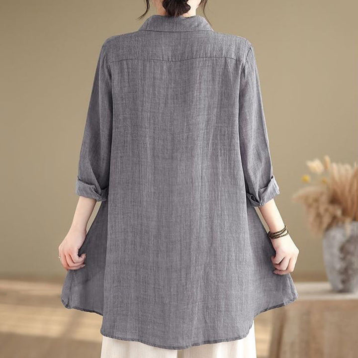 Camisa de algodón de manga larga para mujer con diseño irregular de Buddha Stones y botones - image 3