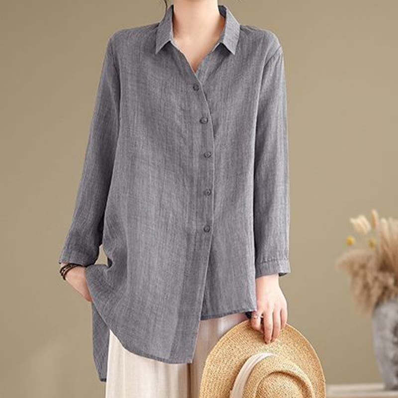 Camisa de algodón de manga larga para mujer con diseño irregular de Buddha Stones y botones - image 5