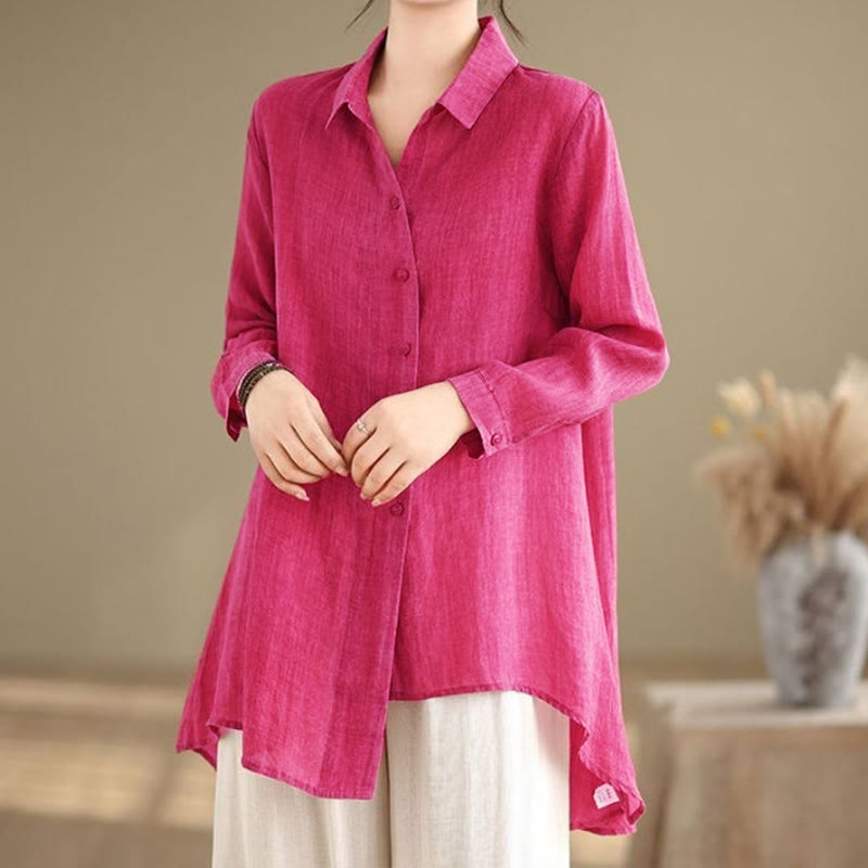 Camisa de algodón de manga larga para mujer con diseño irregular de Buddha Stones y botones - Rosa intenso - US12, UK/AU16, EU44 (3XL) - image 6