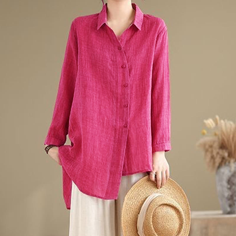 Camisa de algodón de manga larga para mujer con diseño irregular de Buddha Stones y botones - image 10