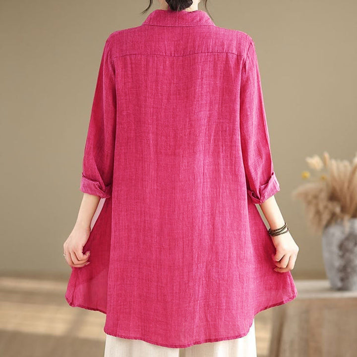 Camisa de algodón de manga larga para mujer con diseño irregular de Buddha Stones y botones - image 8
