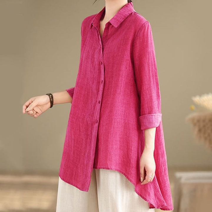 Camisa de algodón de manga larga para mujer con diseño irregular de Buddha Stones y botones - image 9
