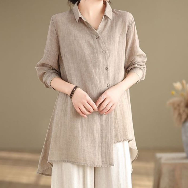 Camisa de algodón de manga larga para mujer con diseño irregular de Buddha Stones y botones - Trigo - US12, UK/AU16, EU44 (3XL) - image 16