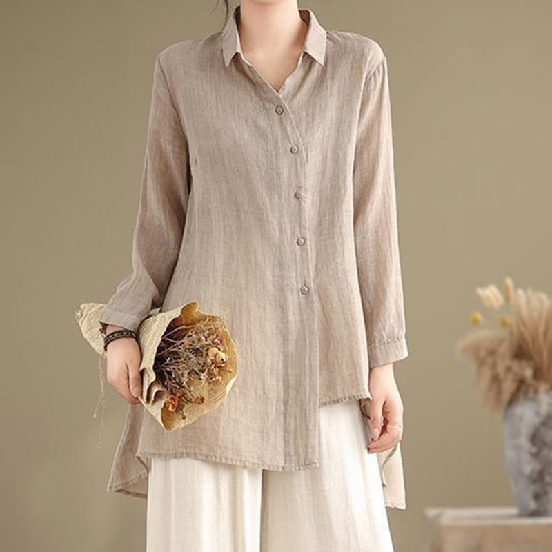 Camisa de algodón de manga larga para mujer con diseño irregular de Buddha Stones y botones - image 17