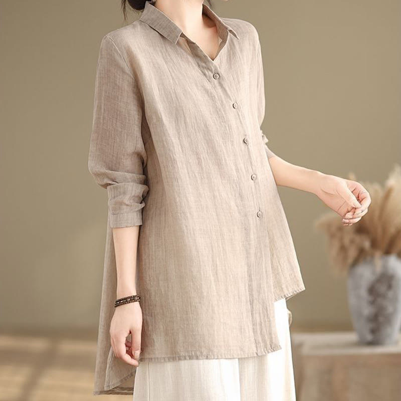 Camisa de algodón de manga larga para mujer con diseño irregular de Buddha Stones y botones - image 20
