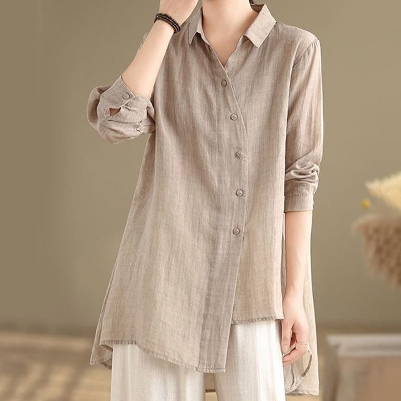 Camisa de algodón de manga larga para mujer con diseño irregular de Buddha Stones y botones - image 21