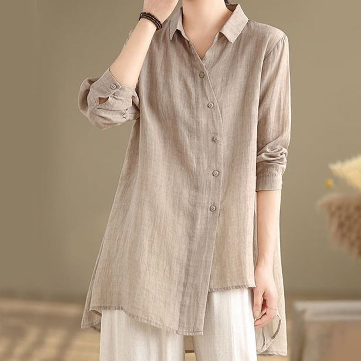 Camisa de algodón de manga larga para mujer con diseño irregular de Buddha Stones y botones - image 21