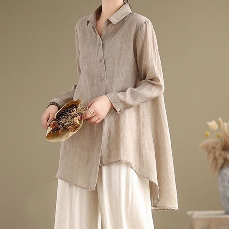 Camisa de algodón de manga larga para mujer con diseño irregular de Buddha Stones y botones - image 18