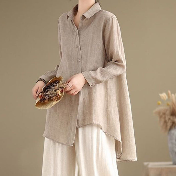 Camisa de algodón de manga larga para mujer con diseño irregular de Buddha Stones y botones - image 18