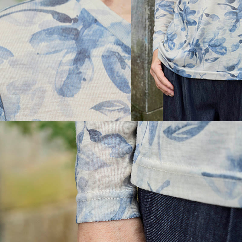 Camiseta de manga larga para mujer con estampado floral azul otoñal de Buddha Stones para adultos mayores - image 13