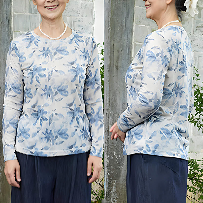 Camiseta de manga larga para mujer con estampado floral azul otoñal de Buddha Stones para adultos mayores - image 8