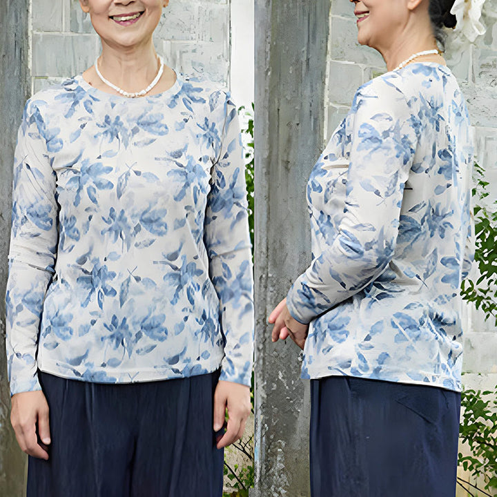 Camiseta de manga larga para mujer con estampado floral azul otoñal de Buddha Stones para adultos mayores - image 8