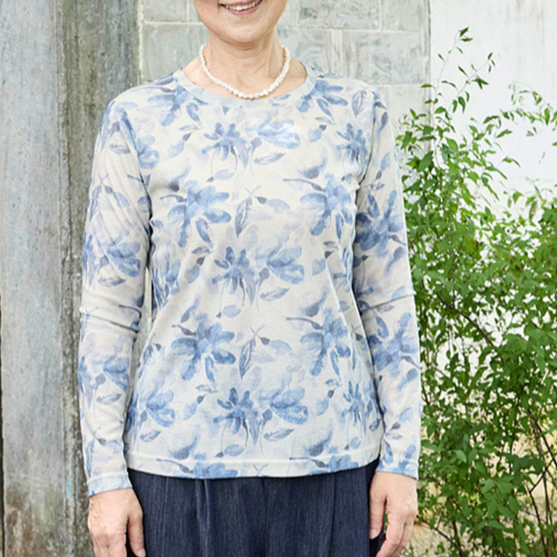 Camiseta de manga larga para mujer con estampado floral azul otoñal de Buddha Stones para adultos mayores - image 3