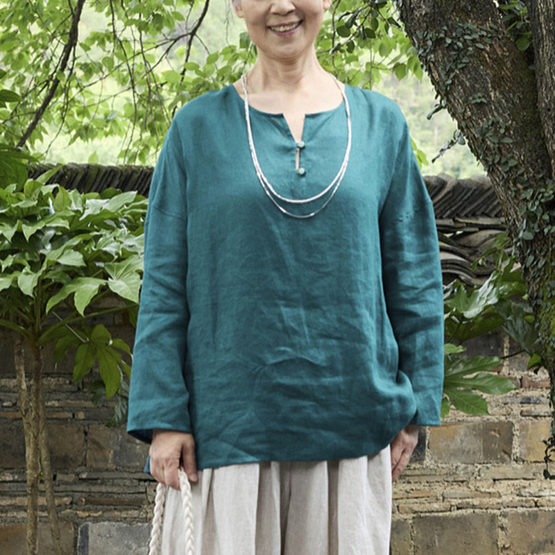 Camisa de lino de manga larga con Buddha Stones para mujer adulta mayor - image 1