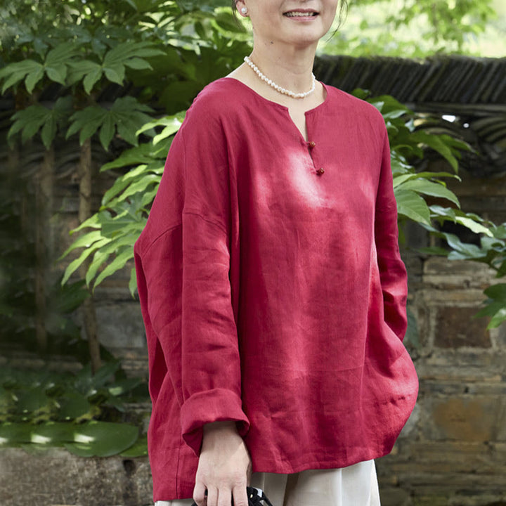 Camisa de lino de manga larga con Buddha Stones para mujer adulta mayor - Carmesí - US14，UK/AU18，EU46 (2XL) - image 15
