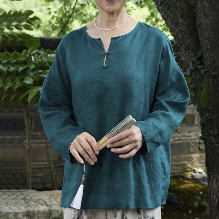 Camisa de lino de manga larga con Buddha Stones para mujer adulta mayor - Verde azulado - US14，UK/AU18，EU46 (2XL) - image 0