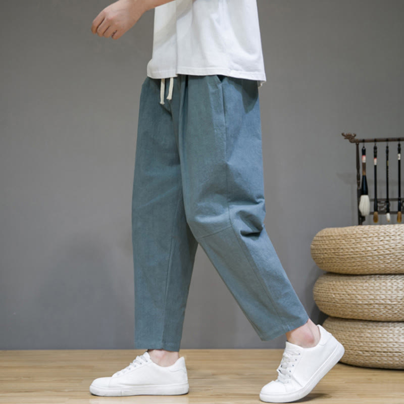 Pantalones casuales de lino y algodón con cordón y bolsillos para hombre, diseño cónico, de color puro y Buddha Stones - image 2